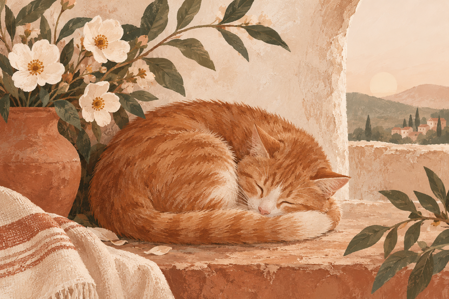 sleepy ginger cat curled into a circle beside simple flowers, sophisticated warm gouache illustration, cream terracotta sage